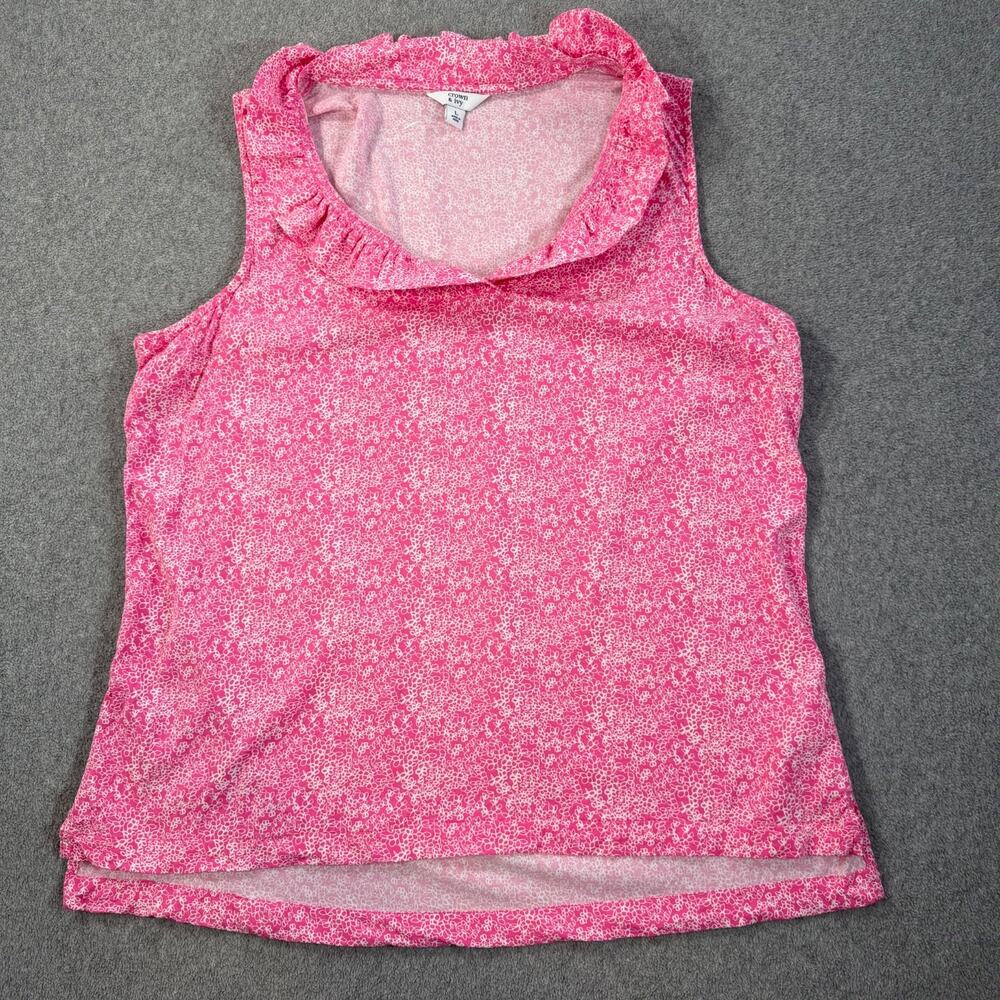 Crown & Ivy Ruffle Collar Sleeveless Blouse Womens Large Pink/White Floral